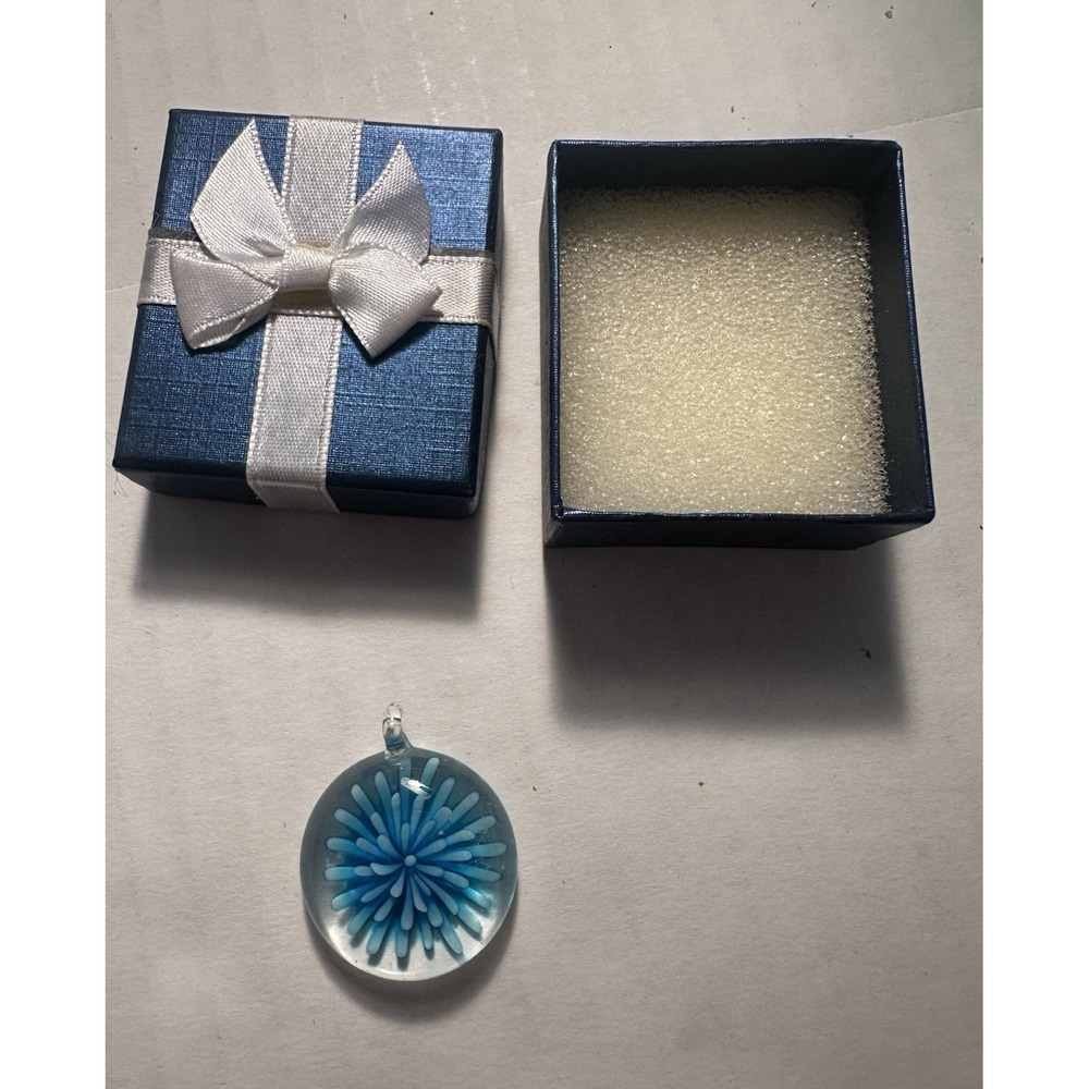 Blue Clear Glass Flower Round Pendant Necklace Charm with Gift Box